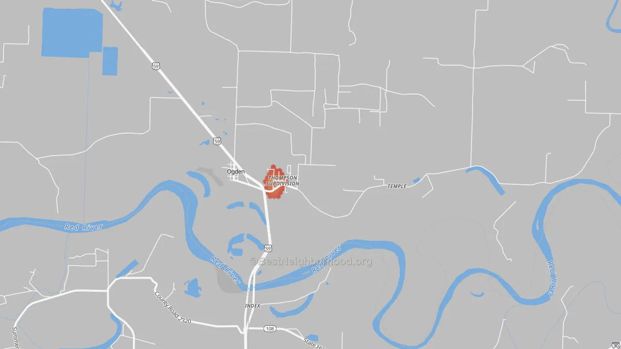 Walk Grade map of 71853, AR, walkable areas in green and car-dependent areas in red