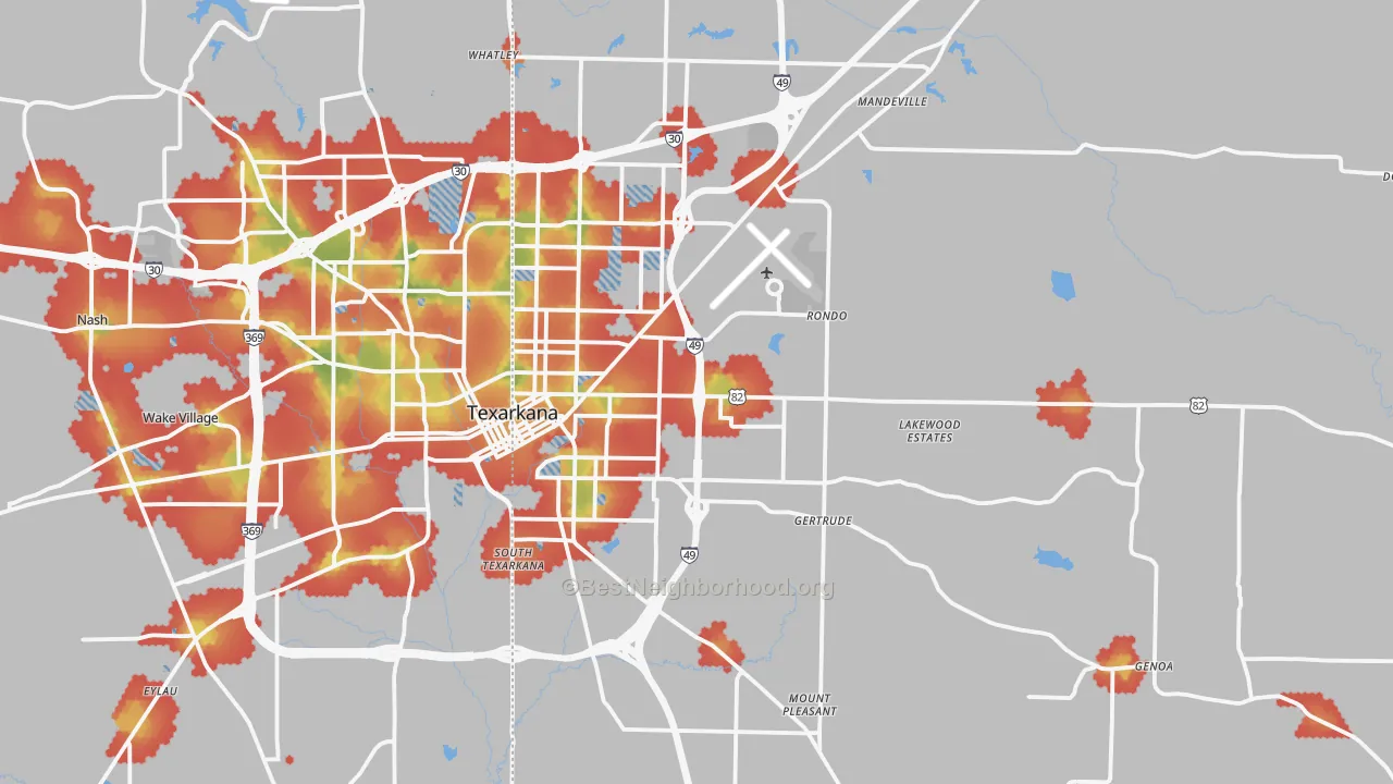 Walk Grade map of 71854, AR, walkable areas in green and car-dependent areas in red