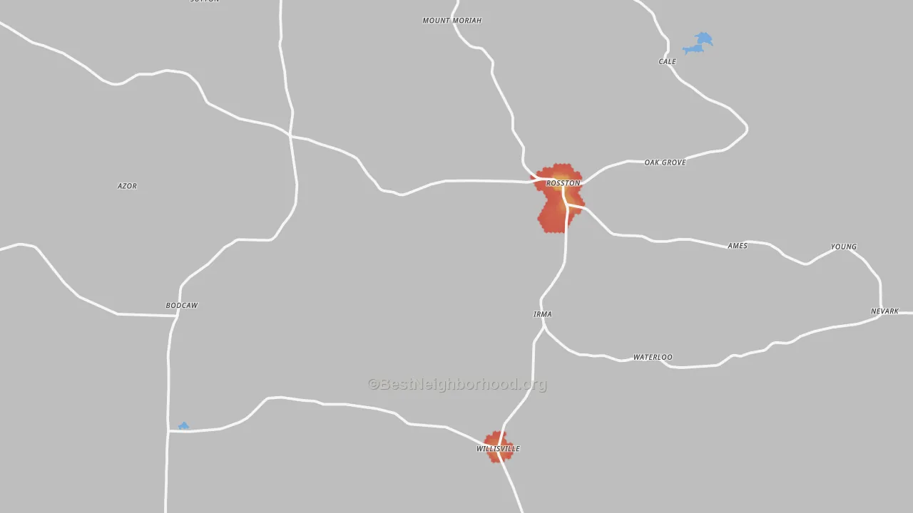 Walk Grade map of 71858, AR, walkable areas in green and car-dependent areas in red