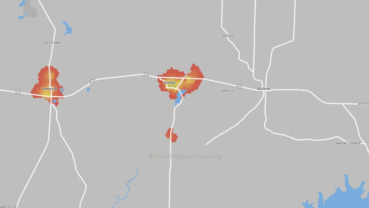 Walk Grade map of 71860, AR, walkable areas in green and car-dependent areas in red