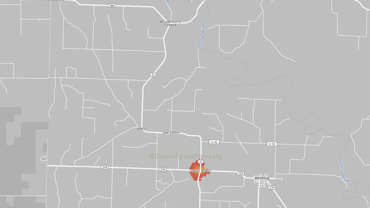 Walk Grade map of 71866, AR, walkable areas in green and car-dependent areas in red