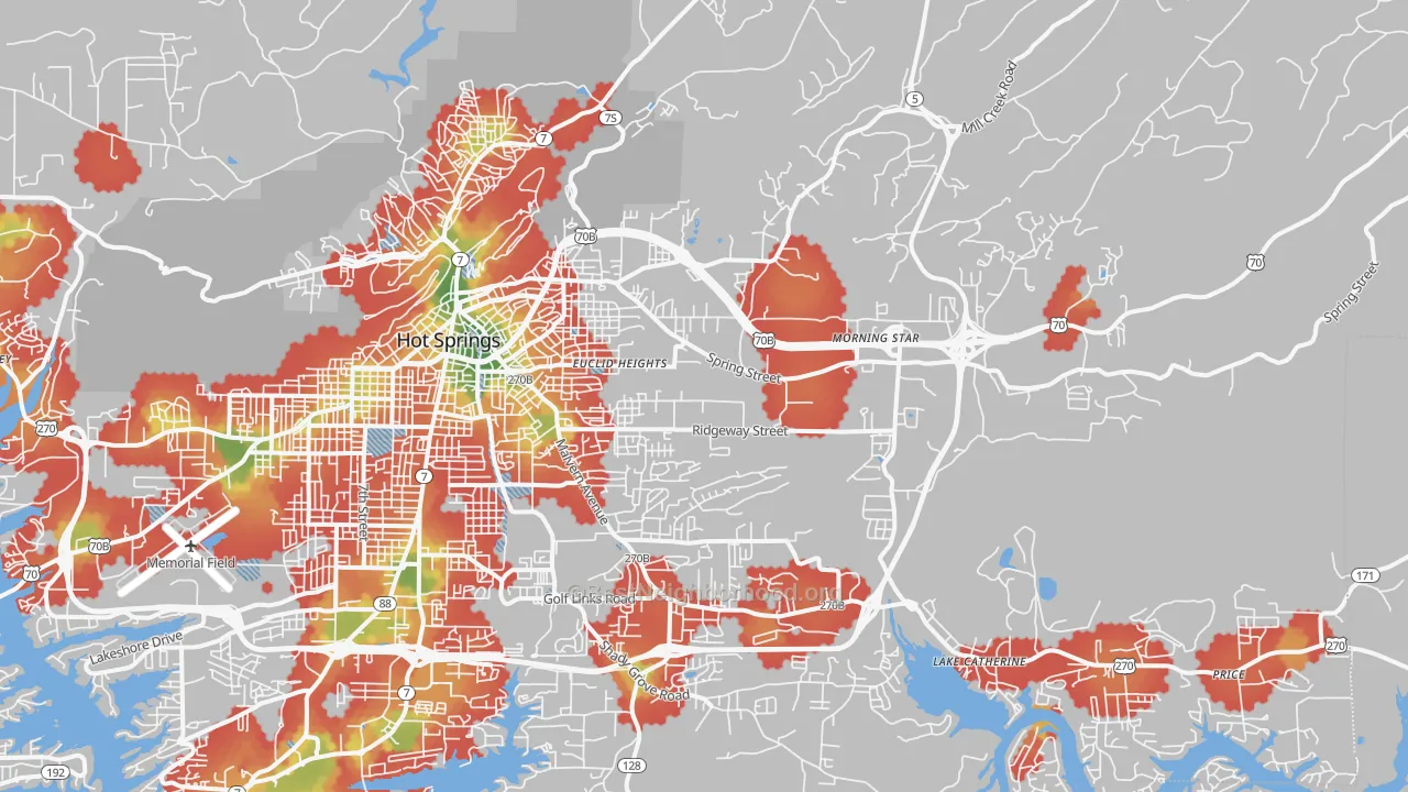 Walk Grade map of 71901, AR, walkable areas in green and car-dependent areas in red