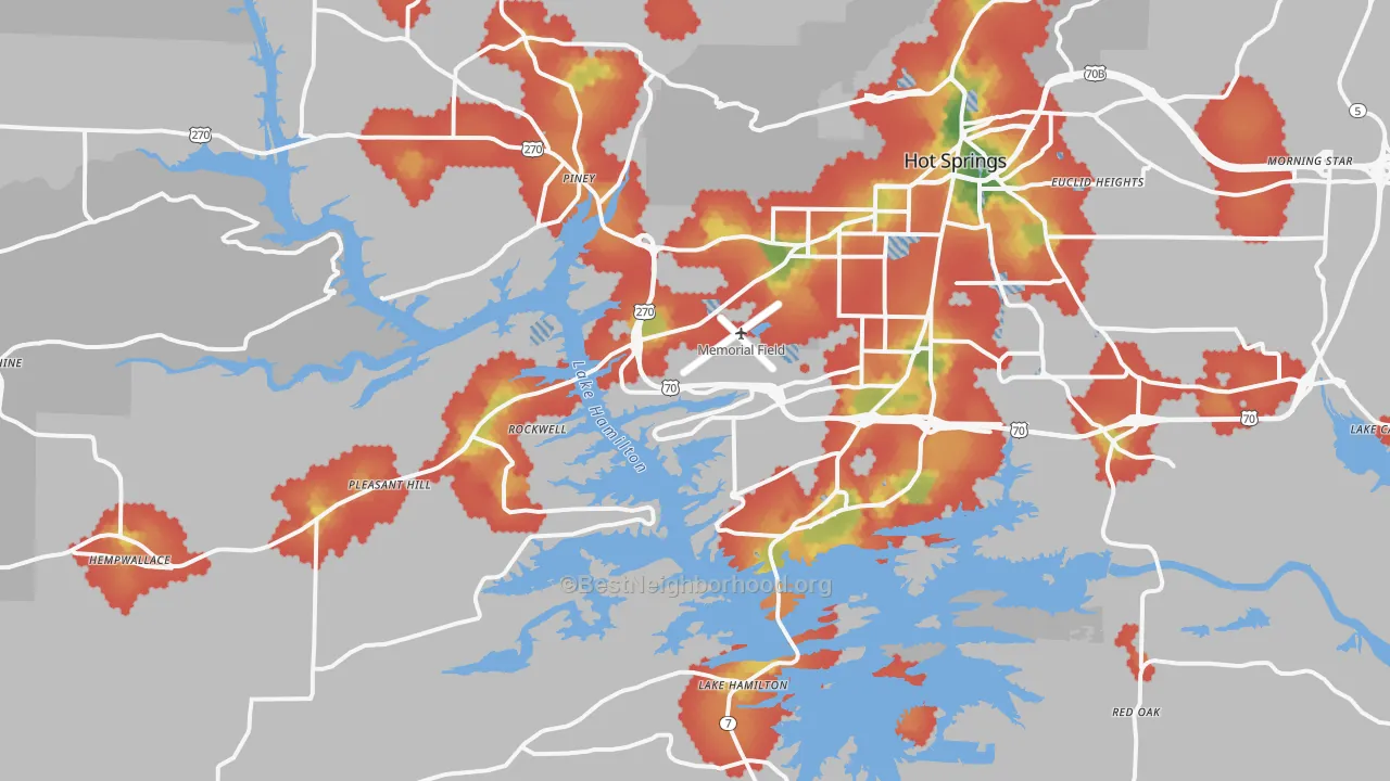 Walk Grade map of 71913, AR, walkable areas in green and car-dependent areas in red
