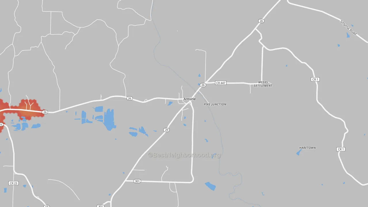 Walk Grade map of 71922, AR, walkable areas in green and car-dependent areas in red