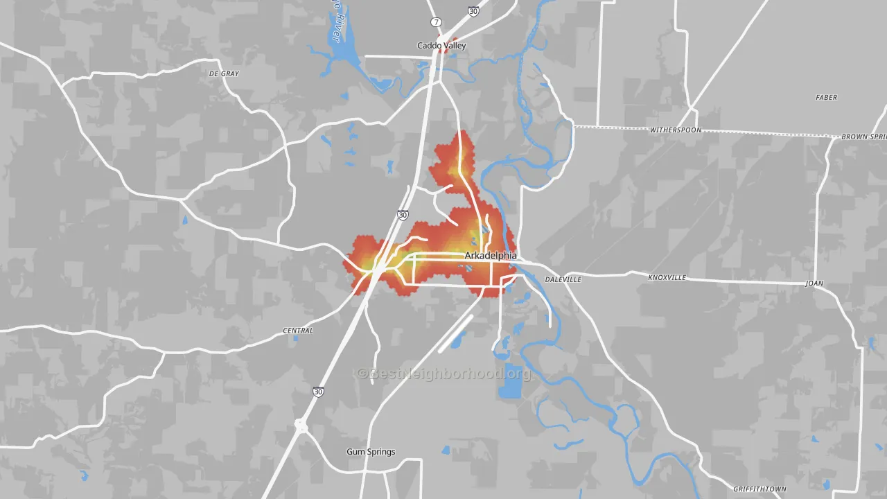 Walk Grade map of 71923, AR, walkable areas in green and car-dependent areas in red