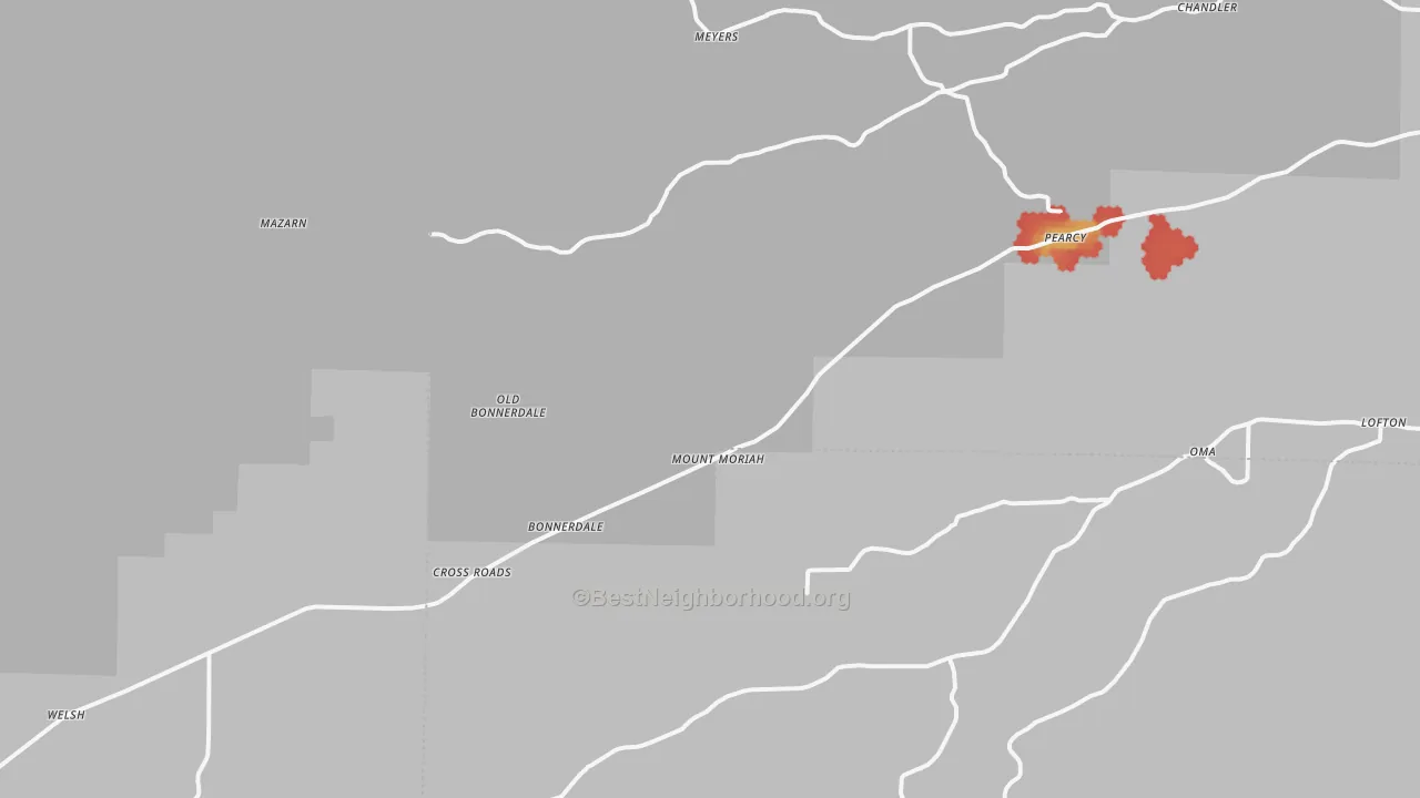 Walk Grade map of 71933, AR, walkable areas in green and car-dependent areas in red