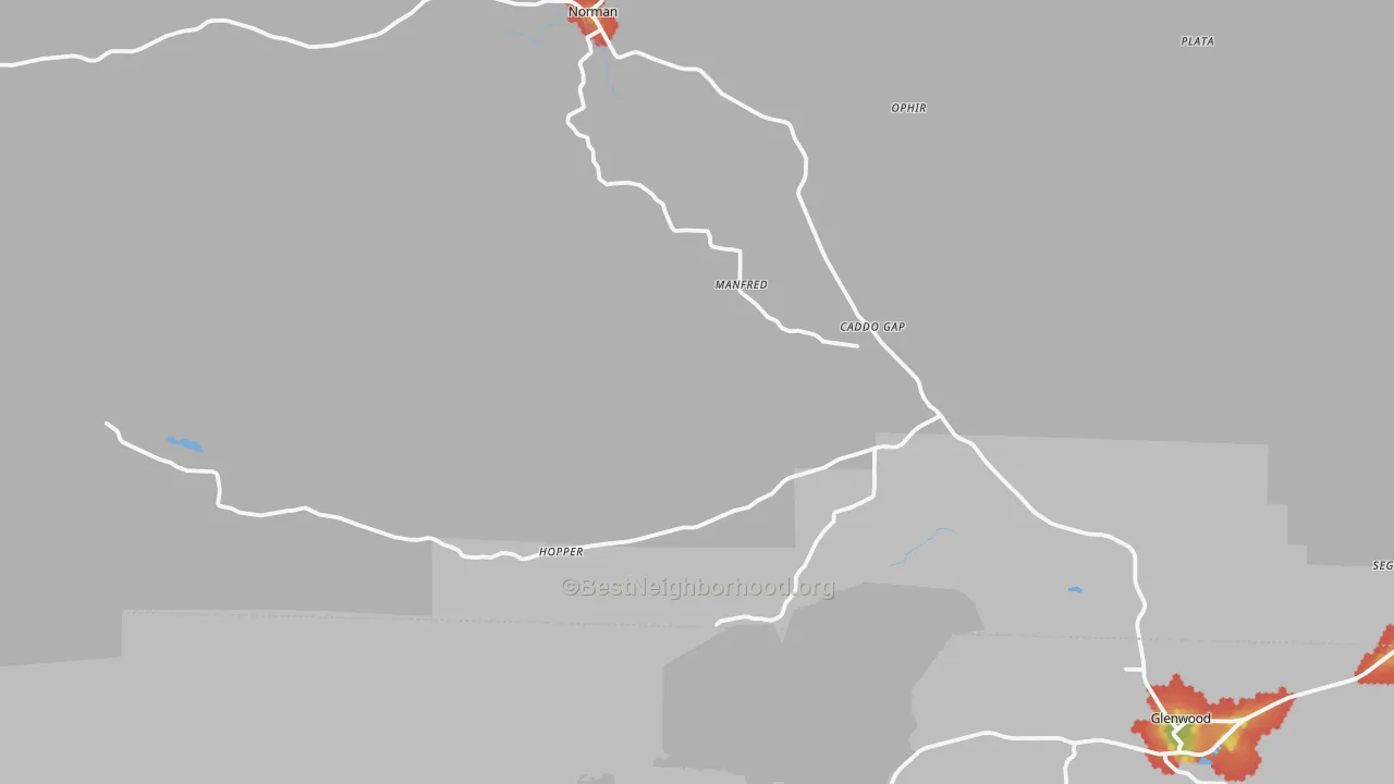 Walk Grade map of 71935, AR, walkable areas in green and car-dependent areas in red