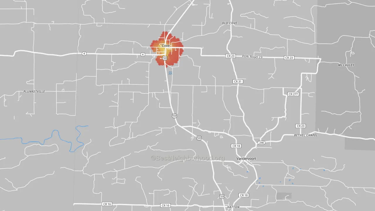 Walk Grade map of 71937, AR, walkable areas in green and car-dependent areas in red