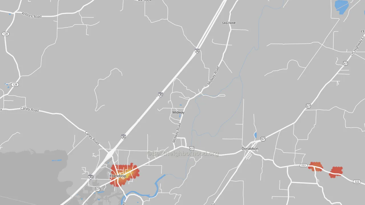 Walk Grade map of 71941, AR, walkable areas in green and car-dependent areas in red