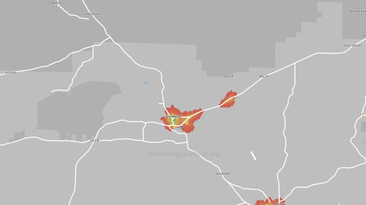 Walk Grade map of 71943, AR, walkable areas in green and car-dependent areas in red