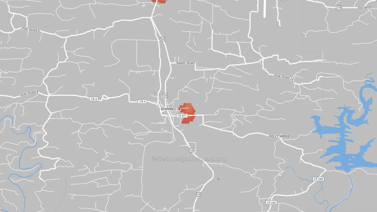 Walk Grade map of 71944, AR, walkable areas in green and car-dependent areas in red