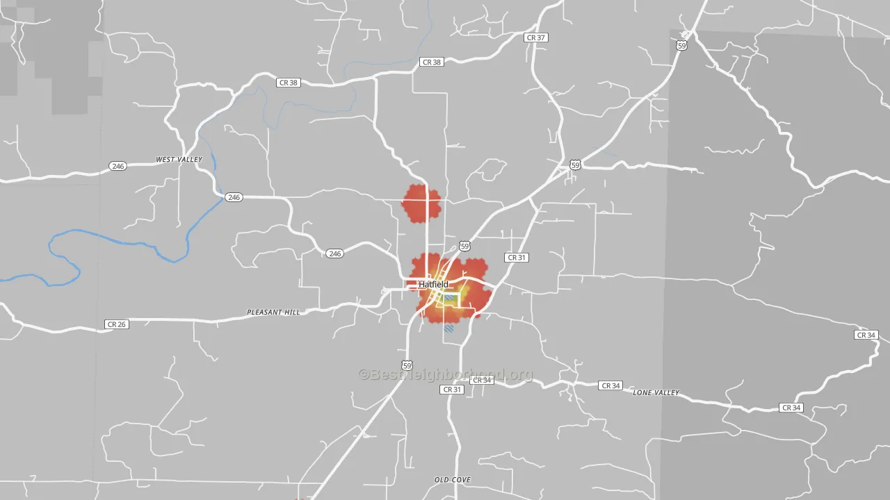 Walk Grade map of 71945, AR, walkable areas in green and car-dependent areas in red