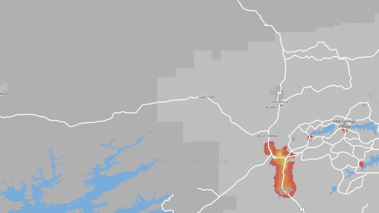 Walk Grade map of 71949, AR, walkable areas in green and car-dependent areas in red