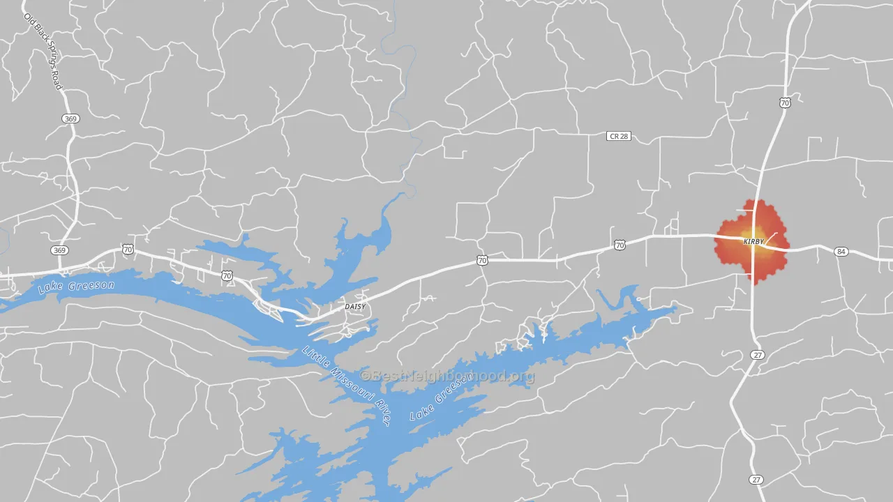 Walk Grade map of 71950, AR, walkable areas in green and car-dependent areas in red