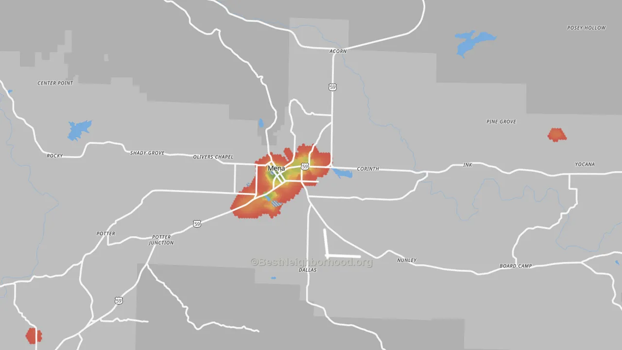 Walk Grade map of 71953, AR, walkable areas in green and car-dependent areas in red
