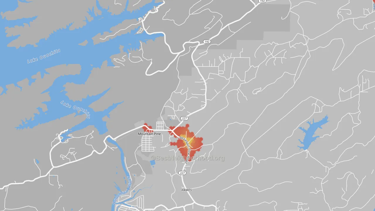 Walk Grade map of 71956, AR, walkable areas in green and car-dependent areas in red