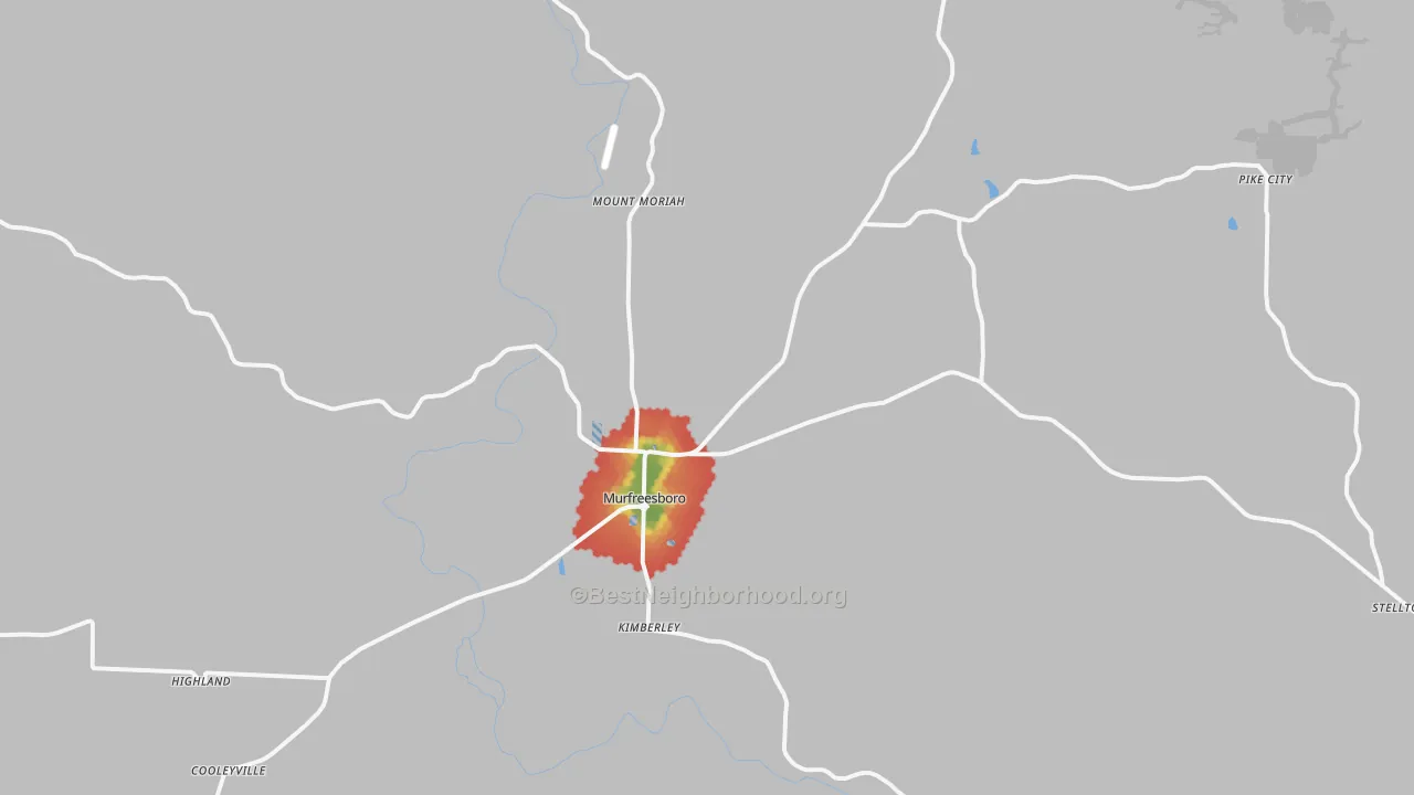 Walk Grade map of 71958, AR, walkable areas in green and car-dependent areas in red