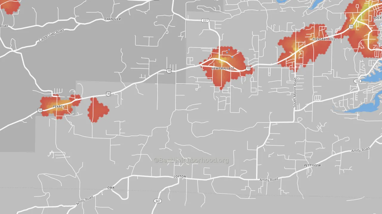 Walk Grade map of 71964, AR, walkable areas in green and car-dependent areas in red