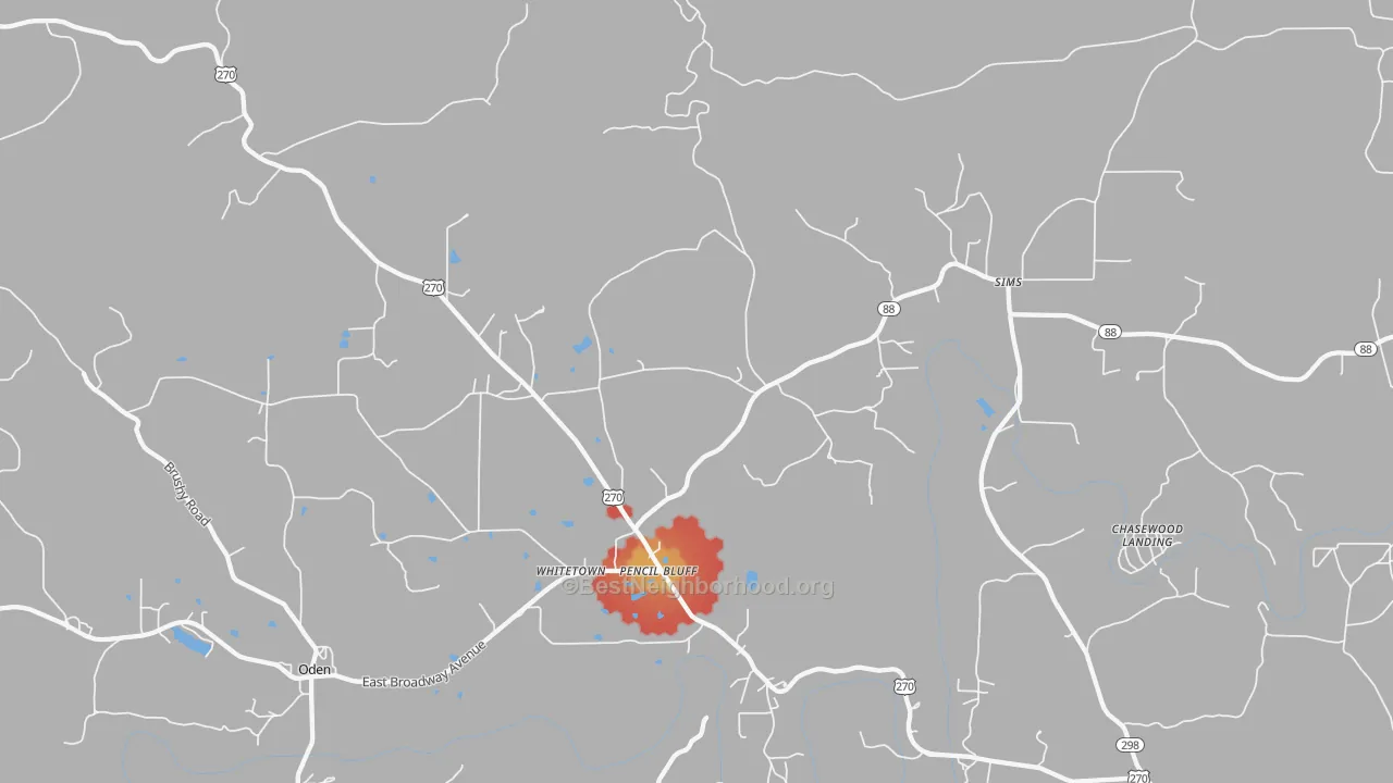 Walk Grade map of 71965, AR, walkable areas in green and car-dependent areas in red