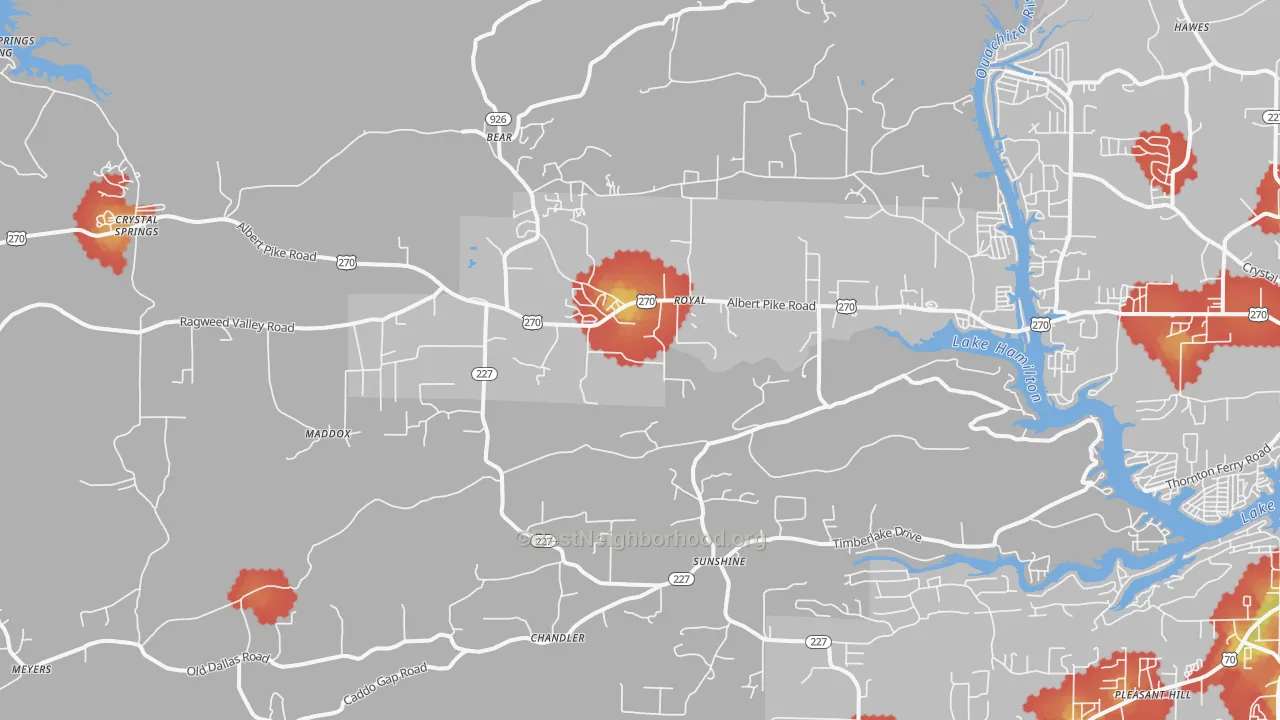Walk Grade map of 71968, AR, walkable areas in green and car-dependent areas in red