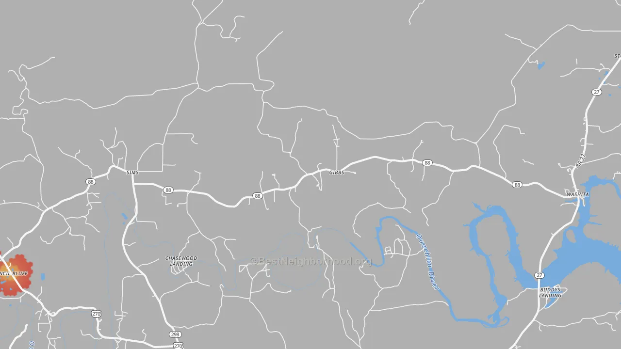 Walk Grade map of 71969, AR, walkable areas in green and car-dependent areas in red