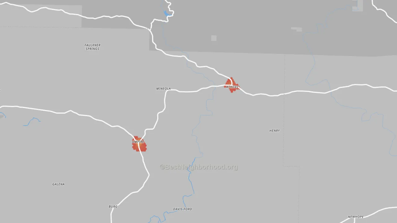 Walk Grade map of 71971, AR, walkable areas in green and car-dependent areas in red