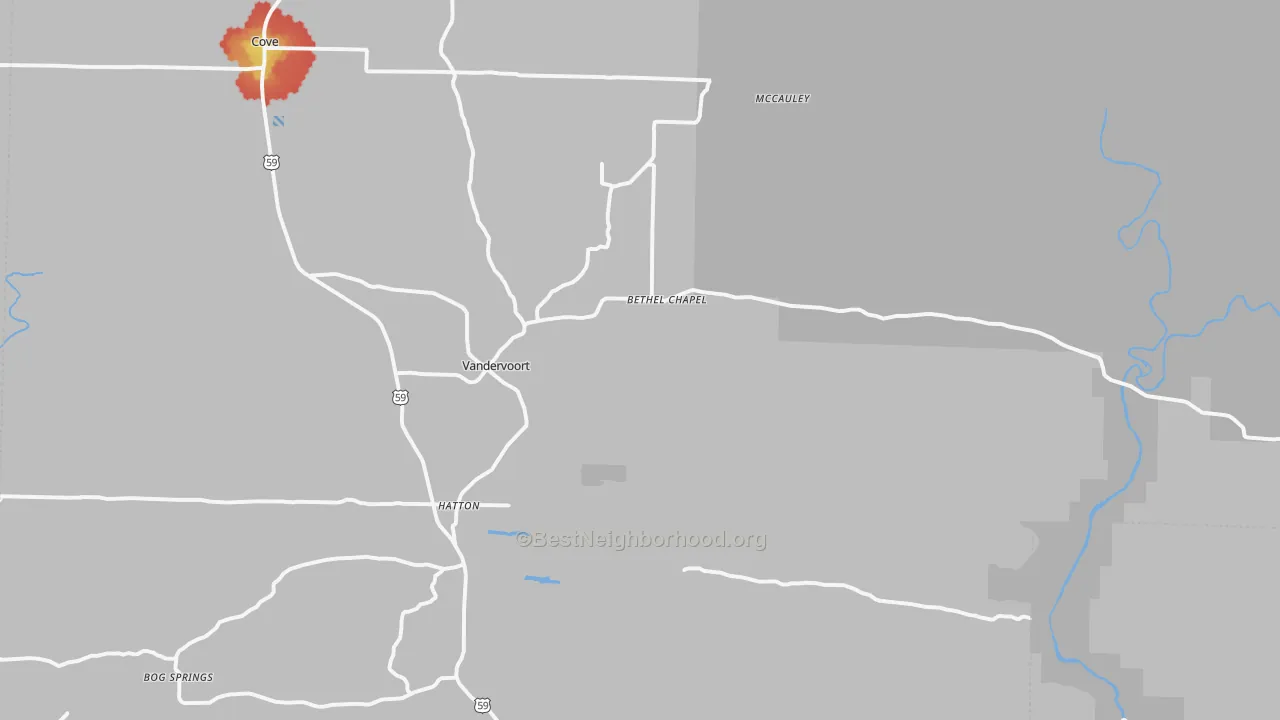 Walk Grade map of 71972, AR, walkable areas in green and car-dependent areas in red