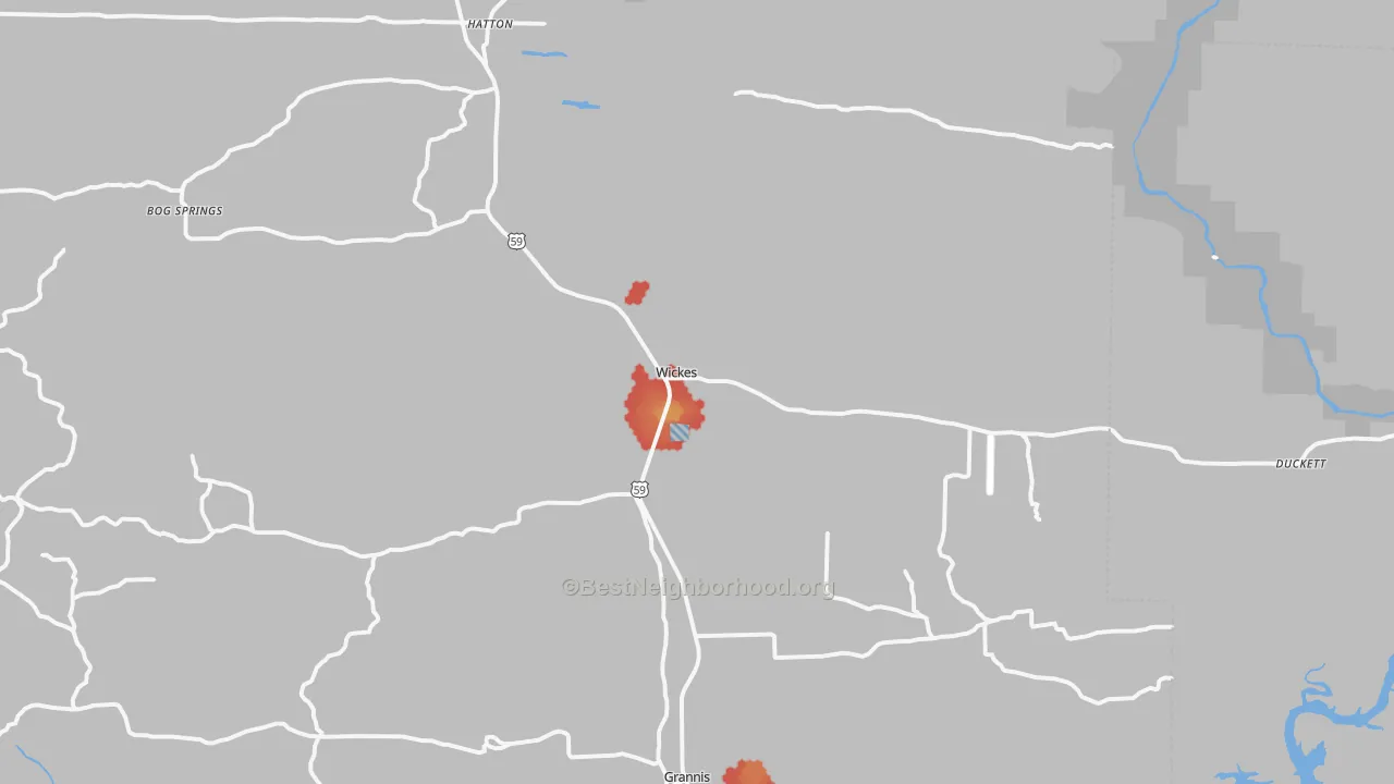 Walk Grade map of 71973, AR, walkable areas in green and car-dependent areas in red