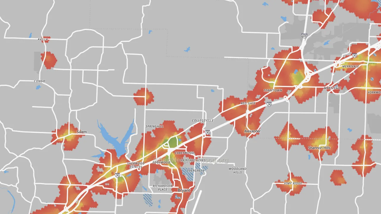 Walk Grade map of 72002, AR, walkable areas in green and car-dependent areas in red