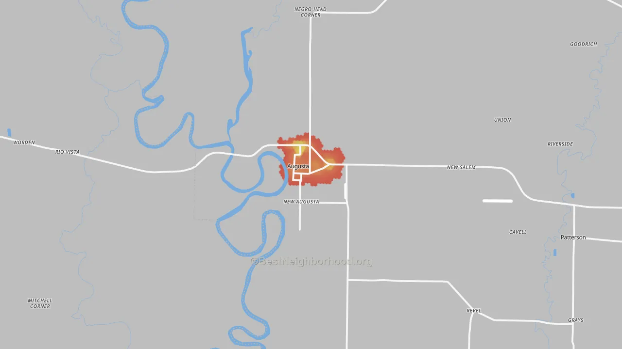 Walk Grade map of 72006, AR, walkable areas in green and car-dependent areas in red