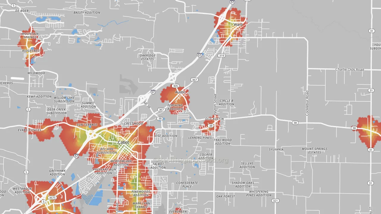 Walk Grade map of 72007, AR, walkable areas in green and car-dependent areas in red