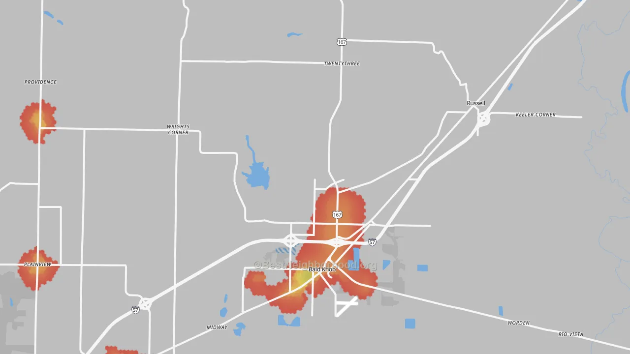 Walk Grade map of 72010, AR, walkable areas in green and car-dependent areas in red