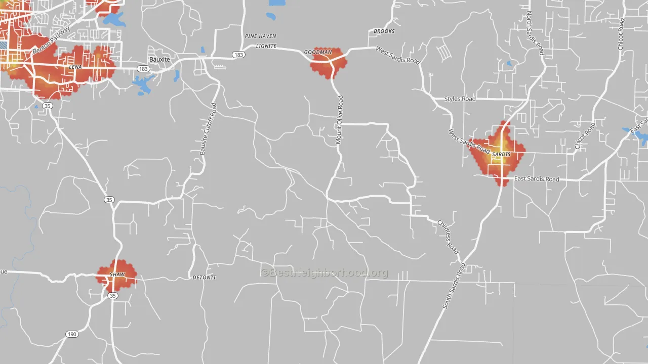 Walk Grade map of 72011, AR, walkable areas in green and car-dependent areas in red