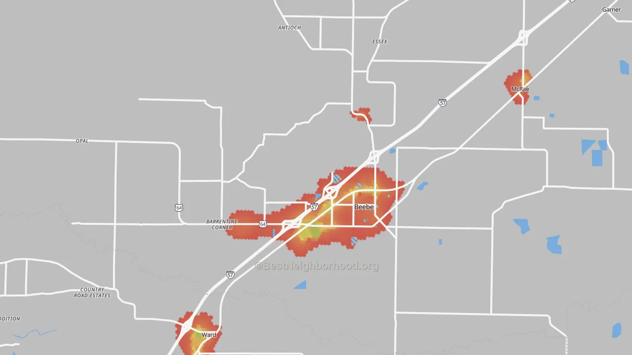 Walk Grade map of 72012, AR, walkable areas in green and car-dependent areas in red