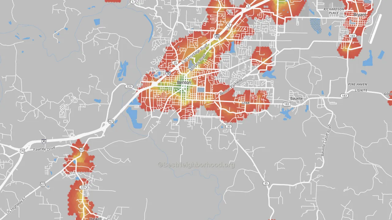 Walk Grade map of 72015, AR, walkable areas in green and car-dependent areas in red