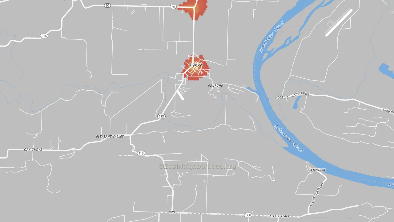 Walk Grade map of 72016, AR, walkable areas in green and car-dependent areas in red