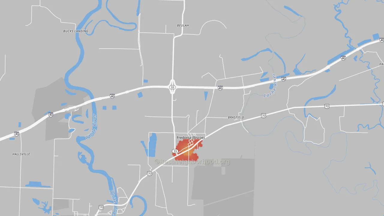 Walk Grade map of 72017, AR, walkable areas in green and car-dependent areas in red