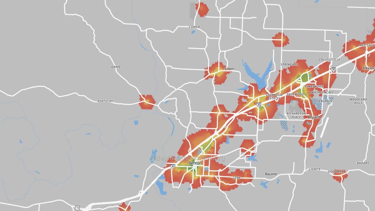 Walk Grade map of 72019, AR, walkable areas in green and car-dependent areas in red