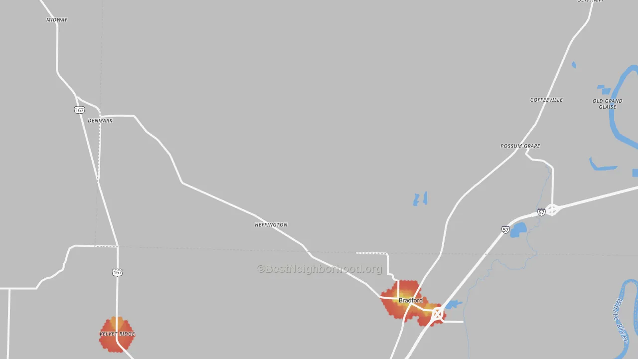Walk Grade map of 72020, AR, walkable areas in green and car-dependent areas in red