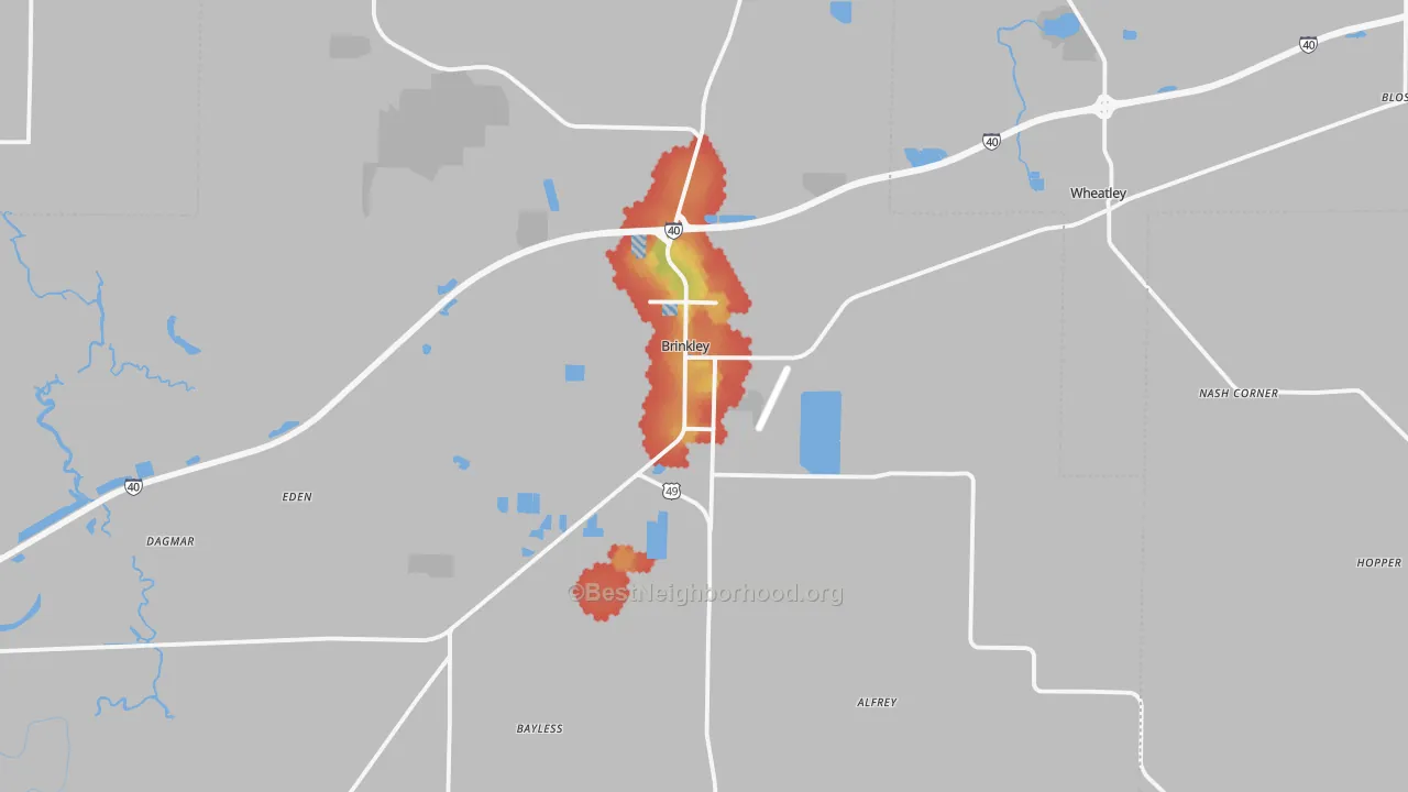 Walk Grade map of 72021, AR, walkable areas in green and car-dependent areas in red