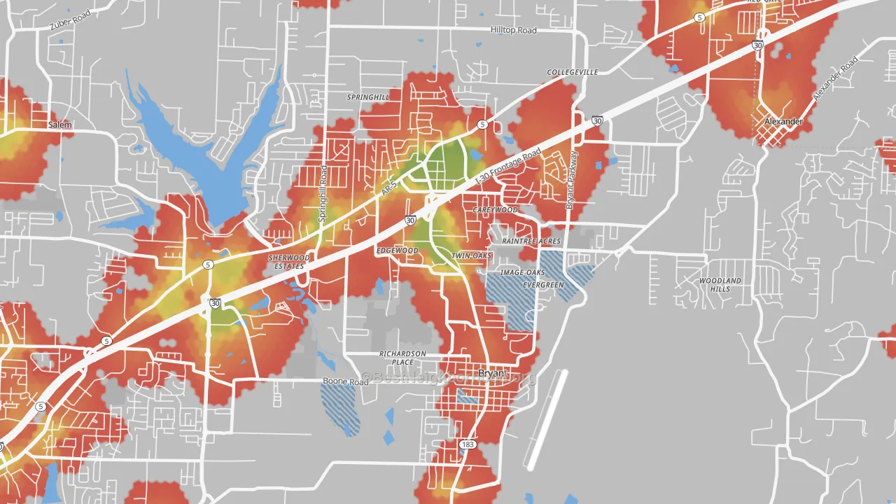 Walk Grade map of 72022, AR, walkable areas in green and car-dependent areas in red