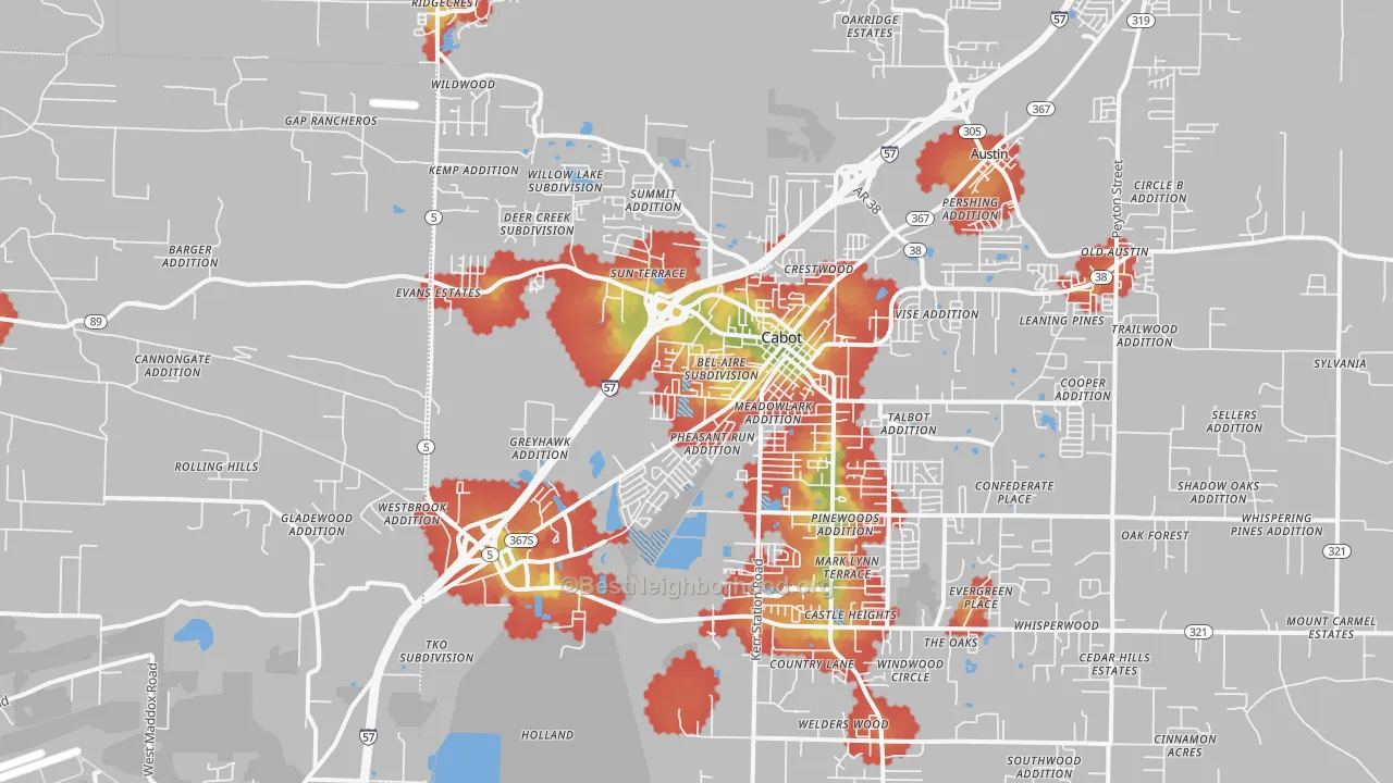 Walk Grade map of 72023, AR, walkable areas in green and car-dependent areas in red