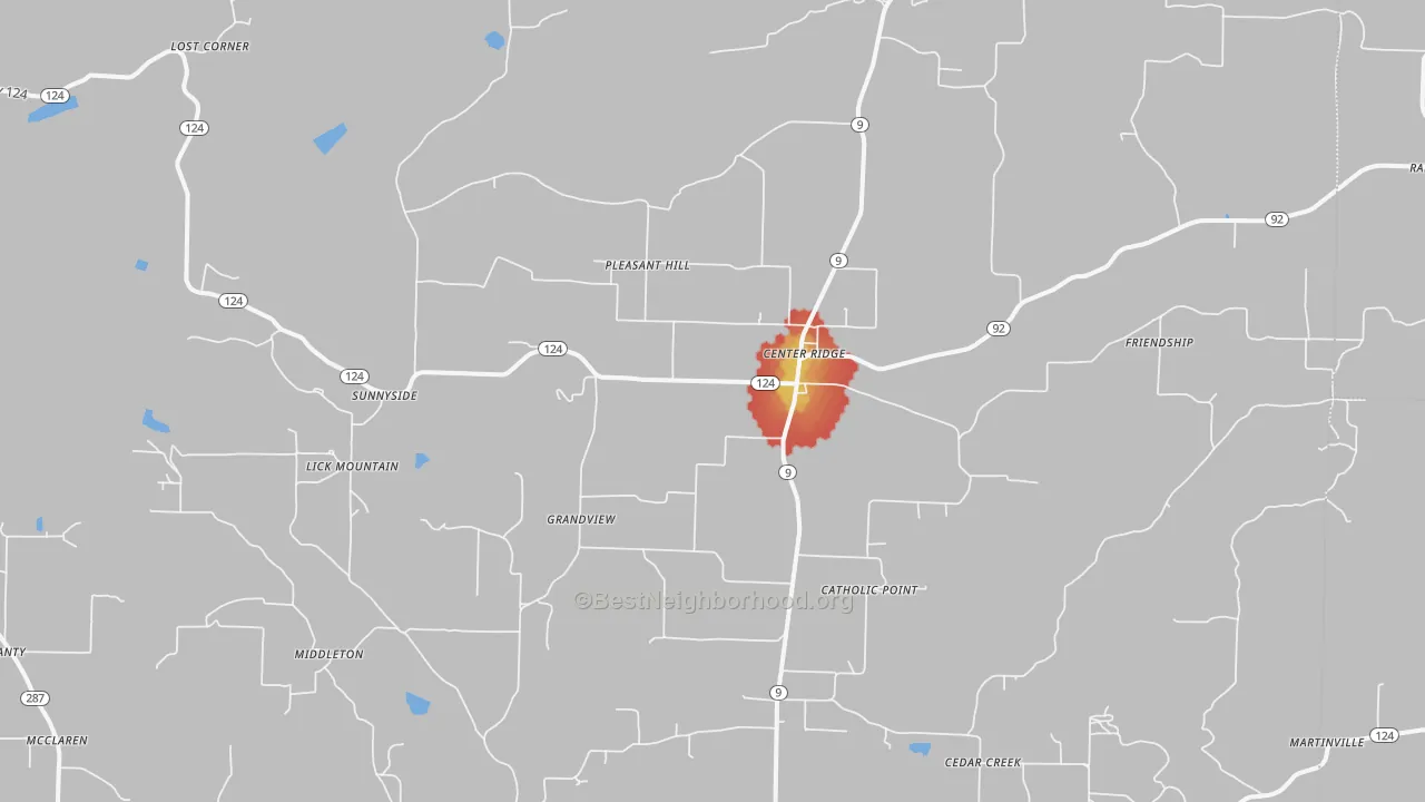 Walk Grade map of 72027, AR, walkable areas in green and car-dependent areas in red