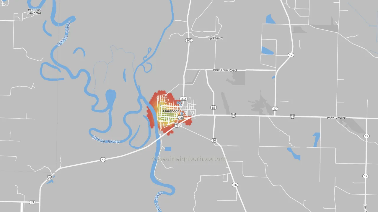 Walk Grade map of 72029, AR, walkable areas in green and car-dependent areas in red