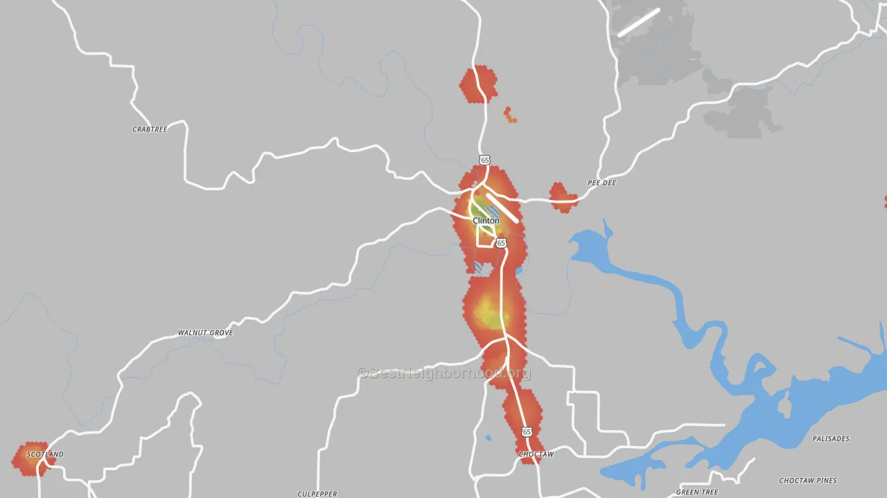Walk Grade map of 72031, AR, walkable areas in green and car-dependent areas in red