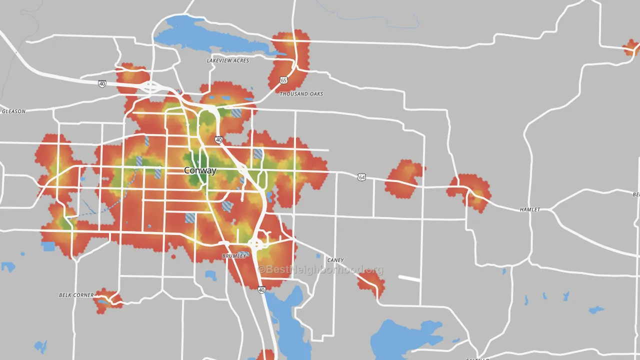 Walk Grade map of 72032, AR, walkable areas in green and car-dependent areas in red