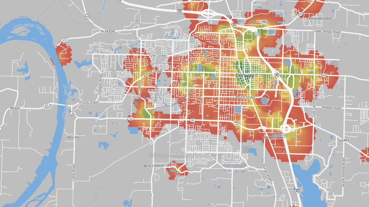 Walk Grade map of 72034, AR, walkable areas in green and car-dependent areas in red