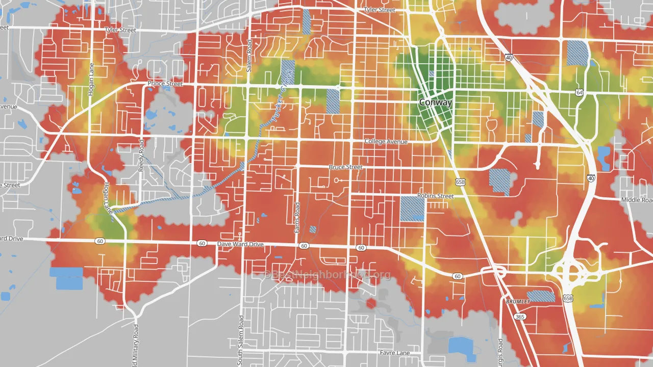 Walk Grade map of 72035, AR, walkable areas in green and car-dependent areas in red