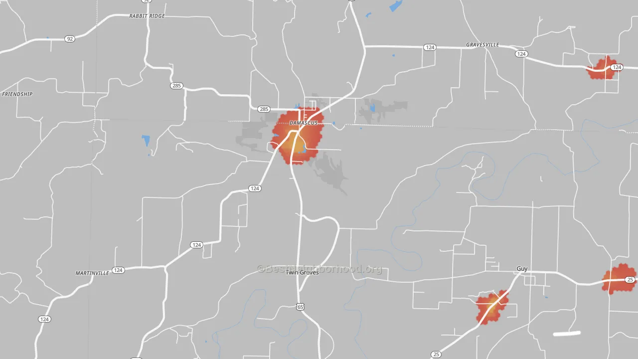 Walk Grade map of 72039, AR, walkable areas in green and car-dependent areas in red