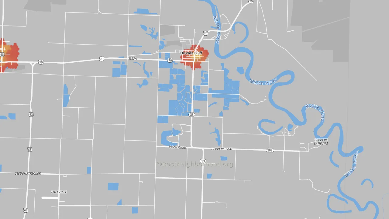 Walk Grade map of 72041, AR, walkable areas in green and car-dependent areas in red
